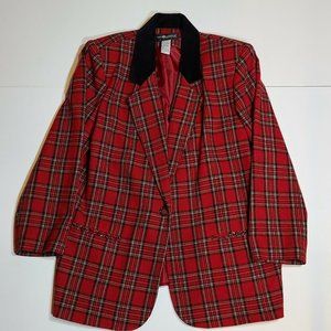 Sag Harbor Womens 18W Wool Red Black Plaid Blazer Jacket Black Velvet Collar